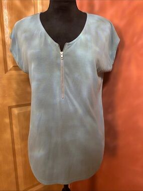 Green Envelope Light Blue Zip Front Cap Sleeve Blouse